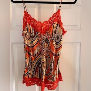 New York & Company Orange Paisley Lace-Trim Camisole Size M